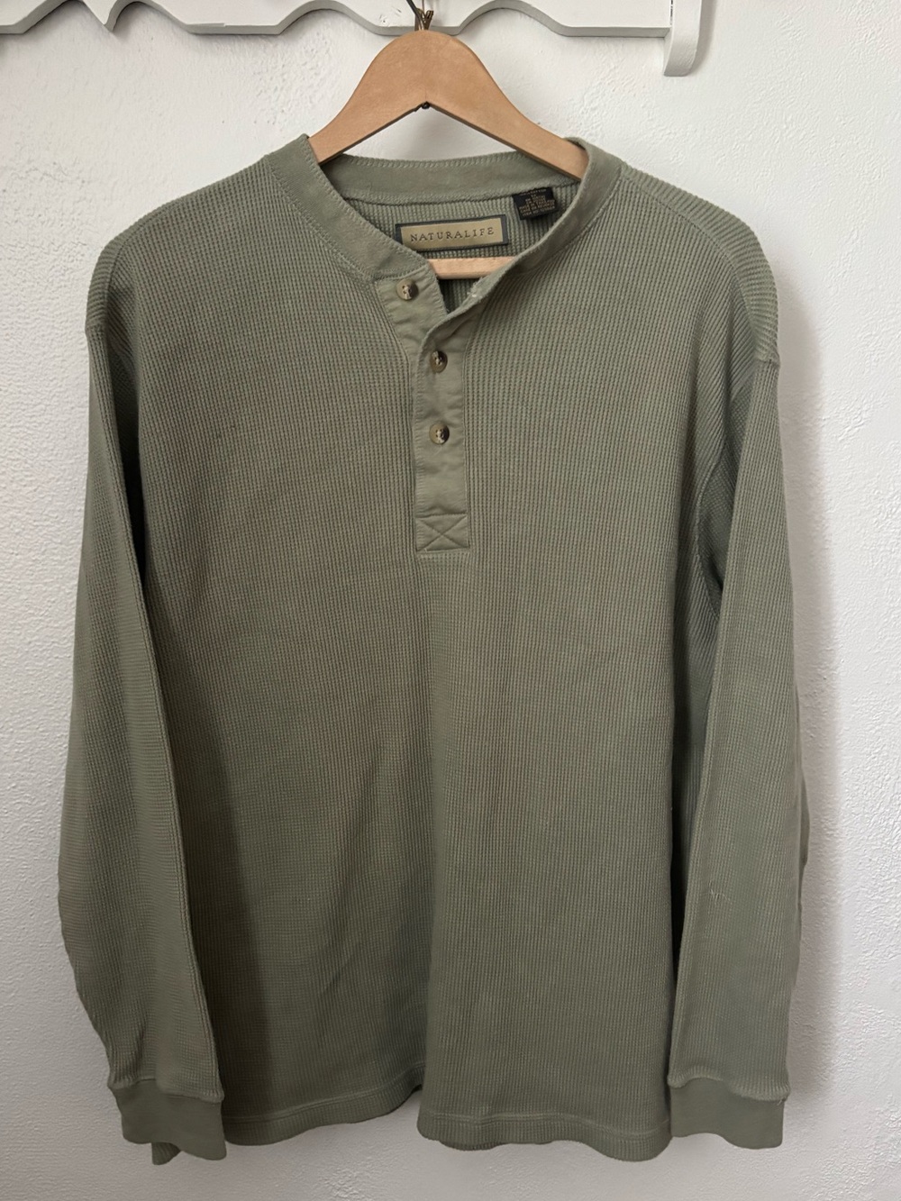 Natural Life Waffle Knit Henley Shirt Men’s Medium Hunter Green 100% Cotton